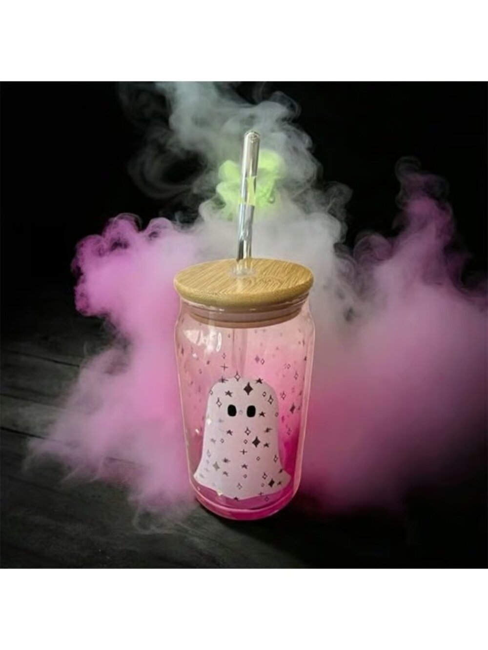 NEW Halloween Pink Ombre Ghost Sipper Glass Tumbler 16.9oz Bamboo Lid & Straw